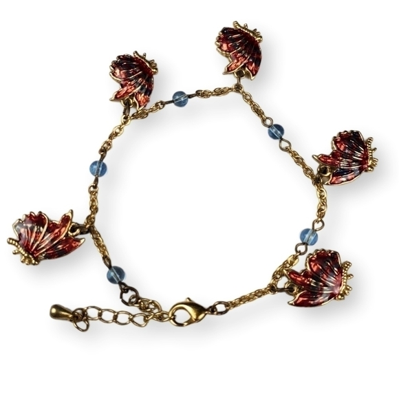 Butterfly Charm Bracelet Colorful Red Blue Enamel Gold Plated Cable Chain Dangle - Picture 4 of 5
